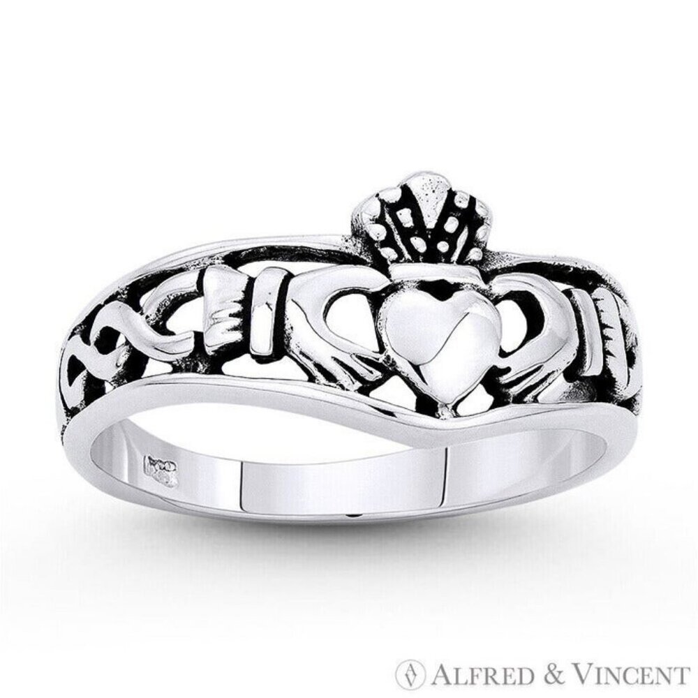 Irish Claddagh & Celtic Knot Curved Band in .925 Sterling Silver - Size 9